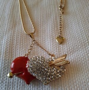 Betsey Johnson Gold and Red Heart Necklace with Crystal Arrow